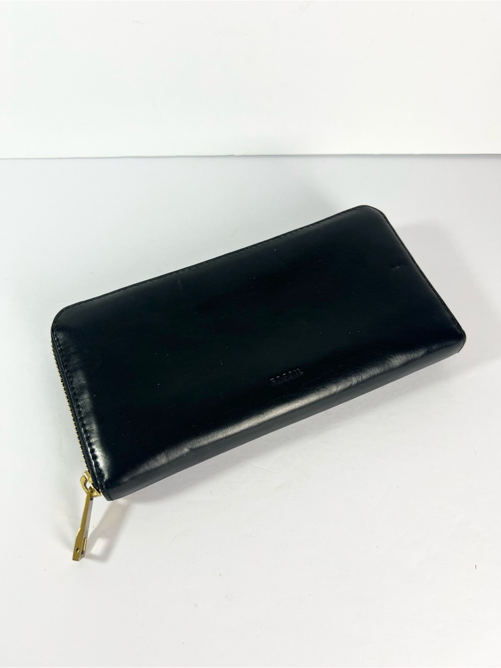 FOSSIL‎ Zip Around Accordion Clutch Wallet Black Vachetta Leather vintage